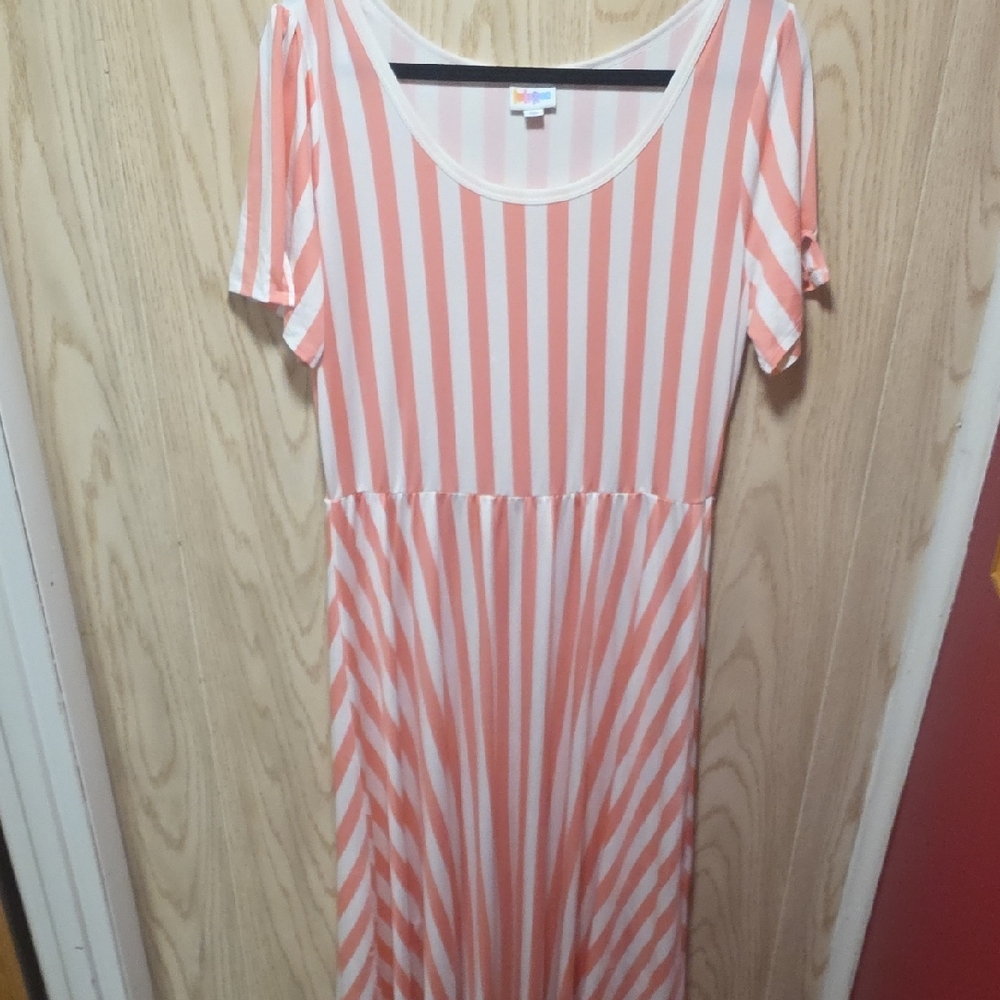 LuLaRoe Coral and White Striped Midi Dress